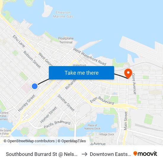 Southbound Burrard St @ Nelson St to Downtown Eastside map