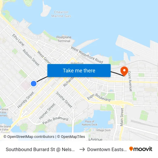Southbound Burrard St @ Nelson St to Downtown Eastside map