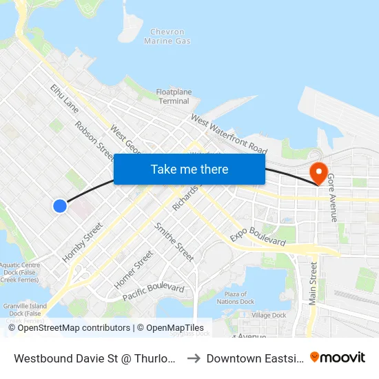 Westbound Davie St @ Thurlow St to Downtown Eastside map