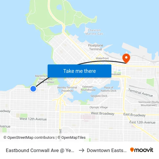 Eastbound Cornwall Ave @ Yew St to Downtown Eastside map