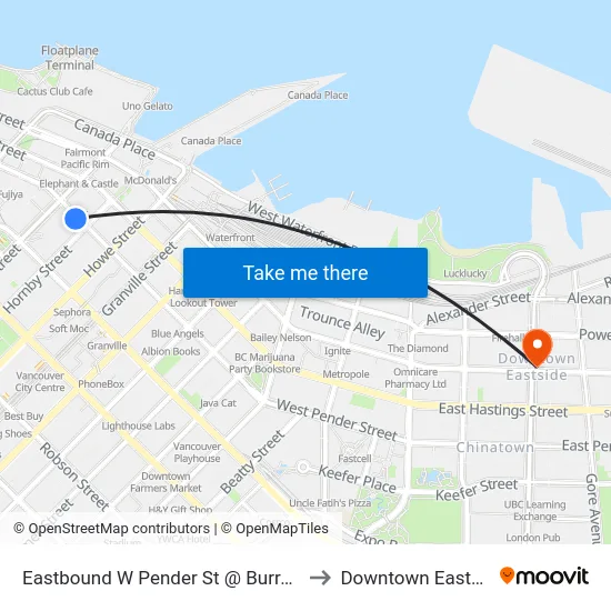 Eastbound W Pender St @ Burrard St to Downtown Eastside map