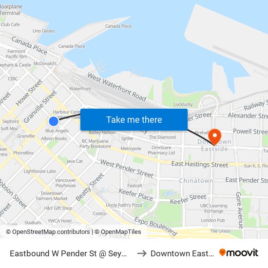 Eastbound W Pender St @ Seymour St to Downtown Eastside map