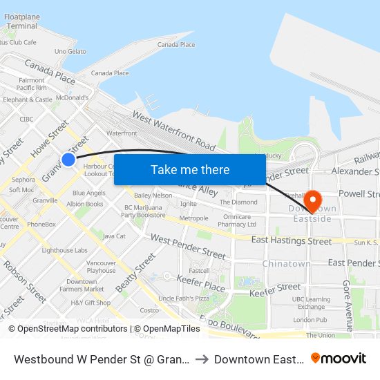 Westbound W Pender St @ Granville St to Downtown Eastside map