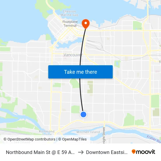 Northbound Main St @ E 59 Ave to Downtown Eastside map
