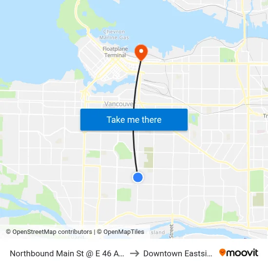 Northbound Main St @ E 46 Ave to Downtown Eastside map