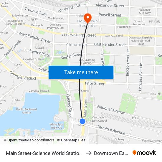 Main Street-Science World Station @ Bay 1 to Downtown Eastside map