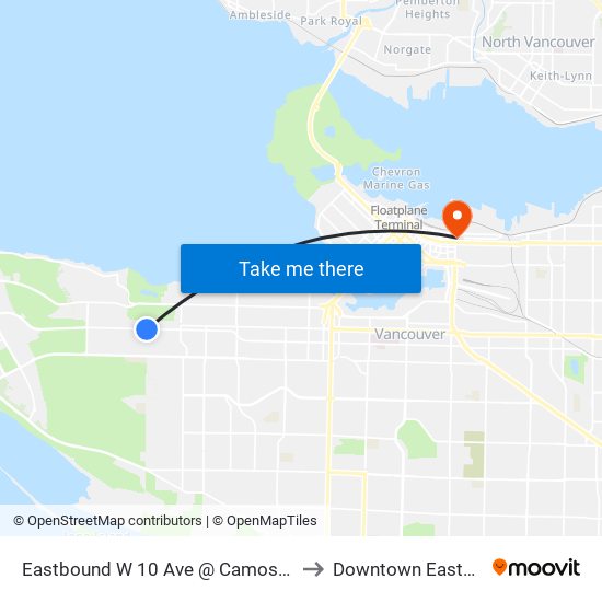 Eastbound W 10 Ave @ Camosun St to Downtown Eastside map