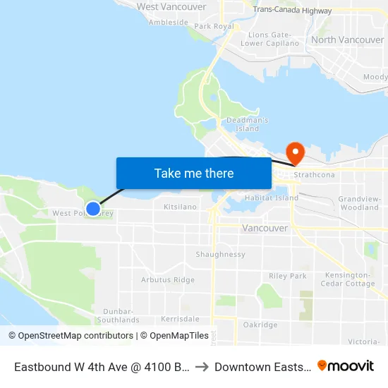 Eastbound W 4th Ave @ 4100 Block to Downtown Eastside map