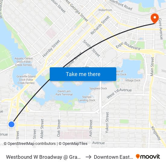 Westbound W Broadway @ Granville St to Downtown Eastside map