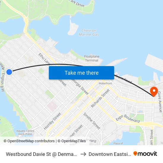 Westbound Davie St @ Denman St to Downtown Eastside map