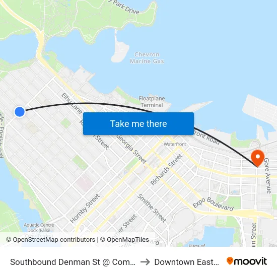 Southbound Denman St @ Comox St to Downtown Eastside map