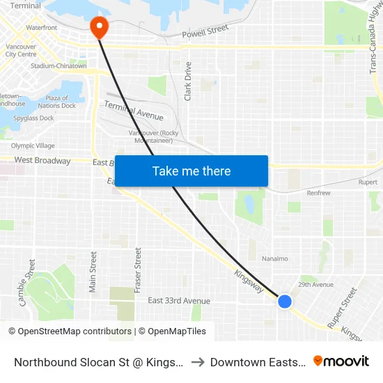Northbound Slocan St @ Kingsway to Downtown Eastside map