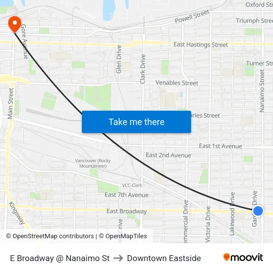 E Broadway @ Nanaimo St to Downtown Eastside map