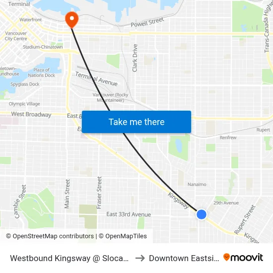 Westbound Kingsway @ Slocan St to Downtown Eastside map