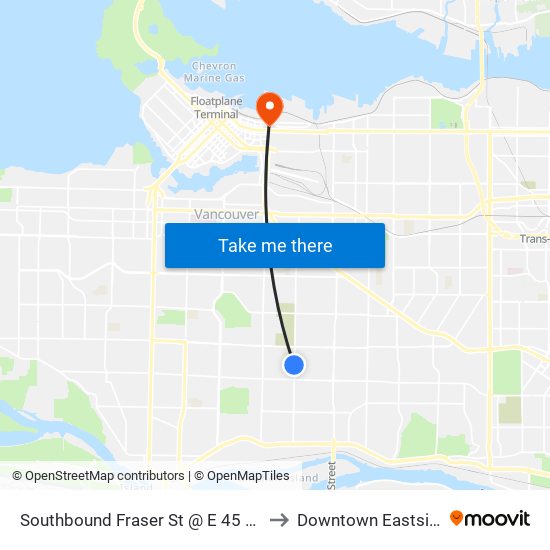 Southbound Fraser St @ E 45 Ave to Downtown Eastside map