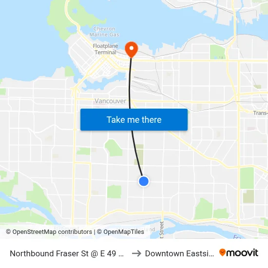 Northbound Fraser St @ E 49 Ave to Downtown Eastside map