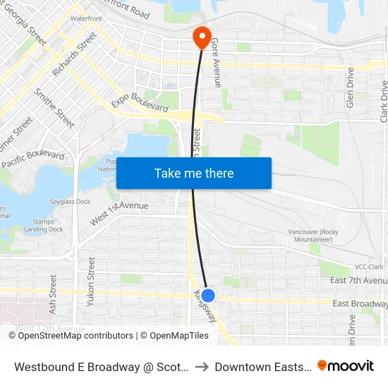 Westbound E Broadway @ Scotia St to Downtown Eastside map