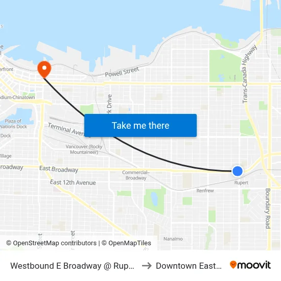 Westbound E Broadway @ Rupert St to Downtown Eastside map