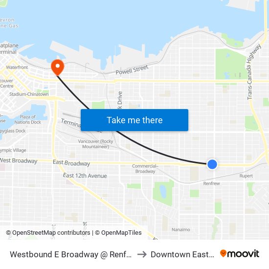 Westbound E Broadway @ Renfrew St to Downtown Eastside map