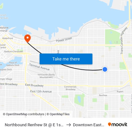 Northbound Renfrew St @ E 1st Ave to Downtown Eastside map