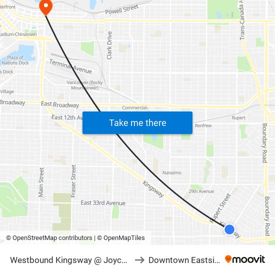 Westbound Kingsway @ Joyce St to Downtown Eastside map