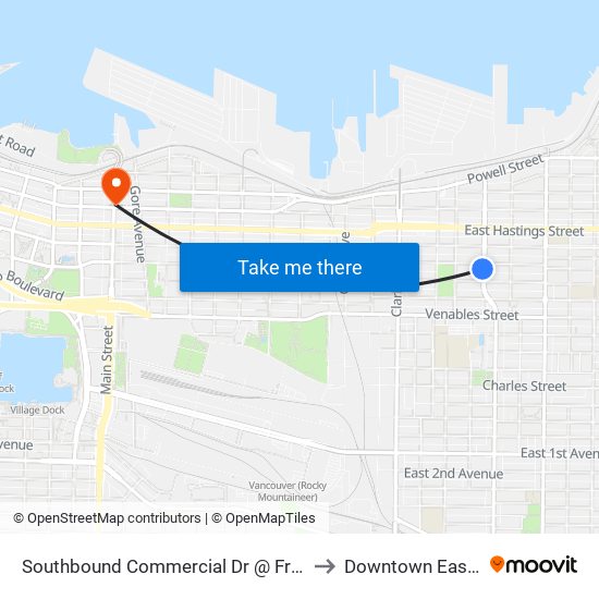 Southbound Commercial Dr @ Frances St to Downtown Eastside map