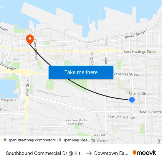 Southbound Commercial Dr @ Kitchener St to Downtown Eastside map
