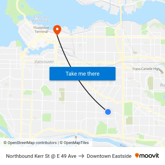 Northbound Kerr St @ E 49 Ave to Downtown Eastside map