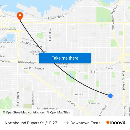 Northbound Rupert St @ E 27 Ave to Downtown Eastside map