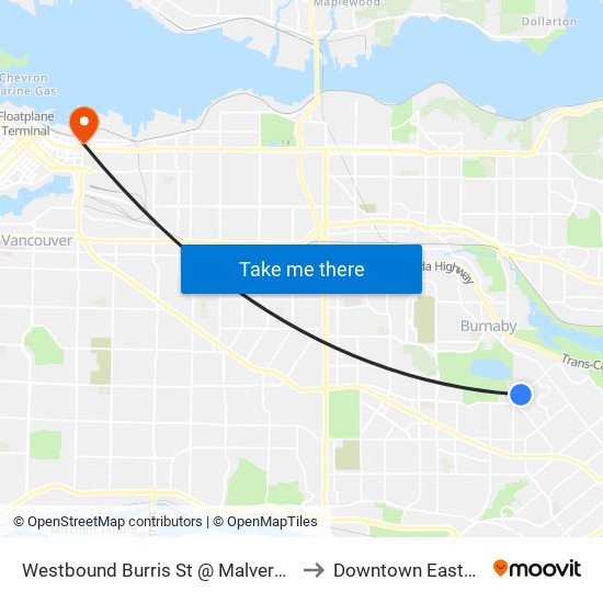 Westbound Burris St @ Malvern Ave to Downtown Eastside map