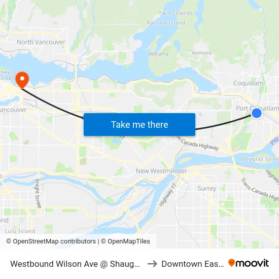 Westbound Wilson Ave @ Shaughnessy St to Downtown Eastside map