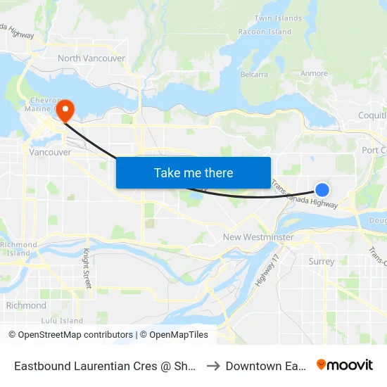 Eastbound Laurentian Cres @ Sheridan Ave to Downtown Eastside map