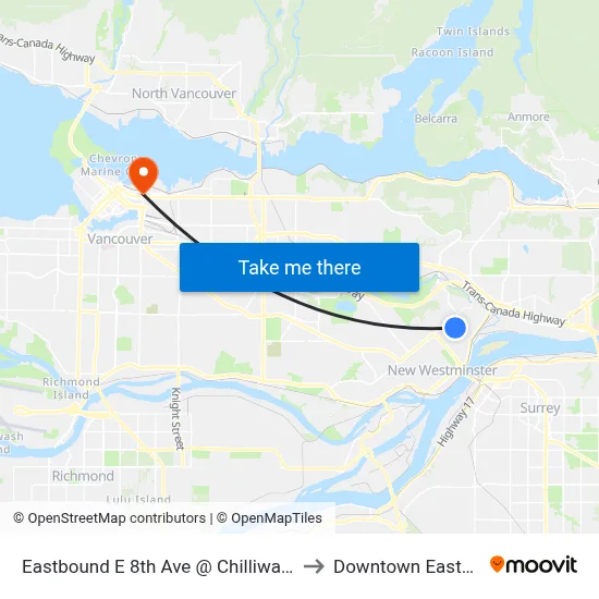 Eastbound E 8th Ave @ Chilliwack St to Downtown Eastside map
