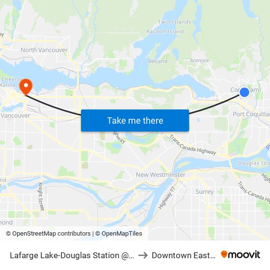 Lafarge Lake-Douglas Station @ Bay 3 to Downtown Eastside map