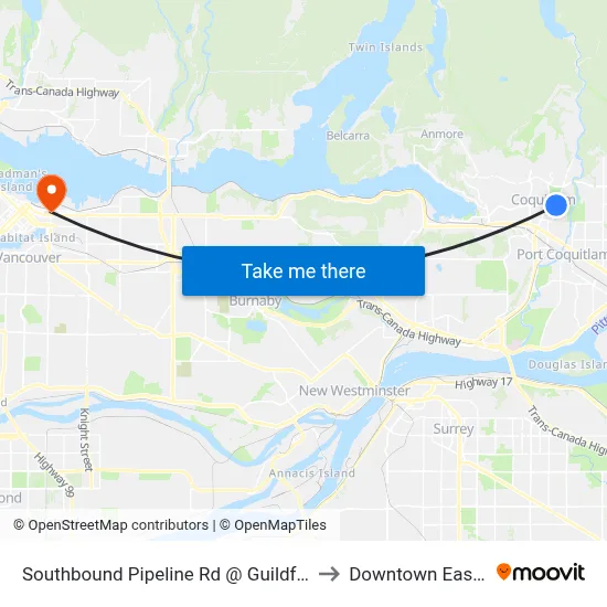 Southbound Pipeline Rd @ Guildford Way to Downtown Eastside map