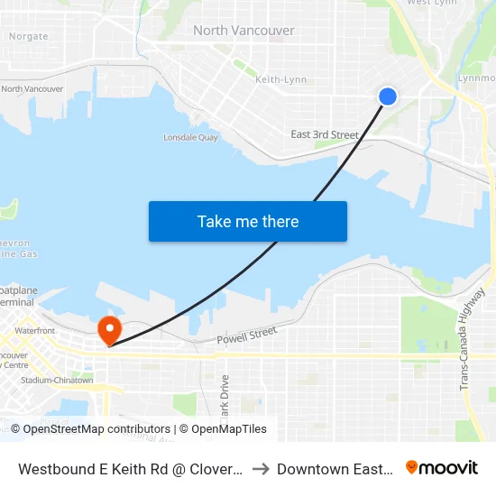 Westbound E Keith Rd @ Cloverley St to Downtown Eastside map