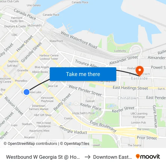 Westbound W Georgia St @ Homer St to Downtown Eastside map