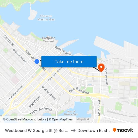 Westbound W Georgia St @ Burrard St to Downtown Eastside map