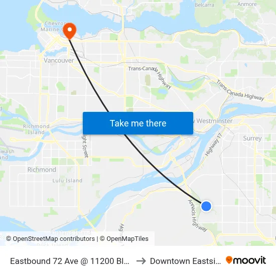 Eastbound 72 Ave @ 11200 Block to Downtown Eastside map
