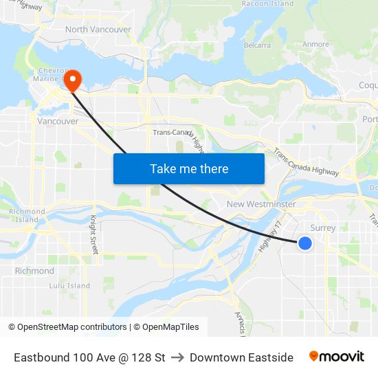 Eastbound 100 Ave @ 128 St to Downtown Eastside map