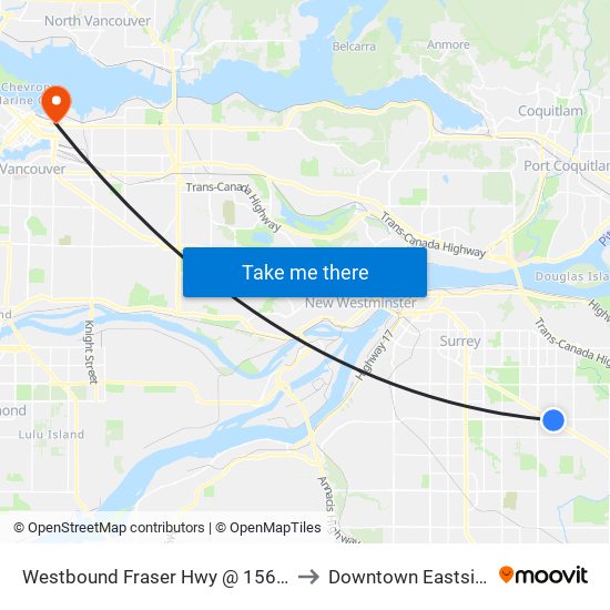 Westbound Fraser Hwy @ 156 St to Downtown Eastside map