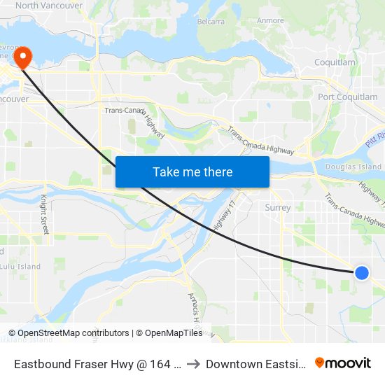 Eastbound Fraser Hwy @ 164 St to Downtown Eastside map