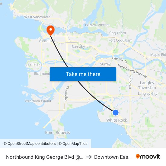 Northbound King George Blvd @ 152 St to Downtown Eastside map