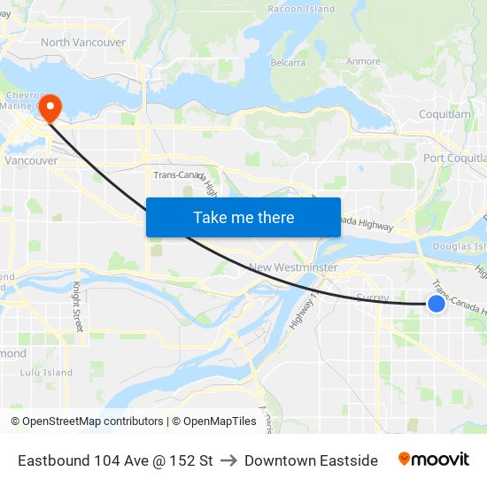 Eastbound 104 Ave @ 152 St to Downtown Eastside map