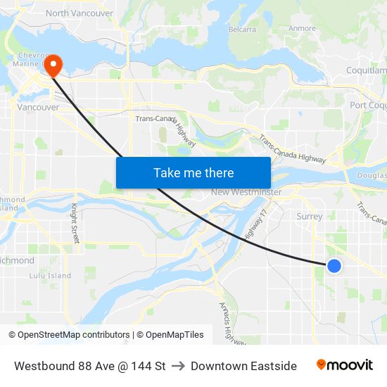 Westbound 88 Ave @ 144 St to Downtown Eastside map