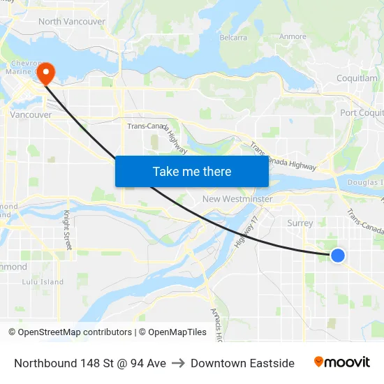 Northbound 148 St @ 94 Ave to Downtown Eastside map