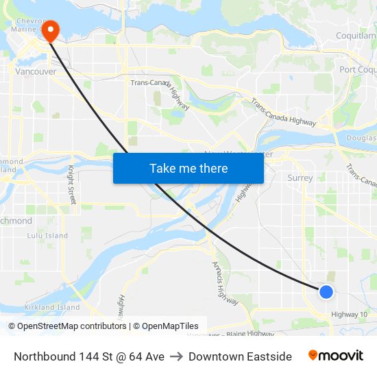 Northbound 144 St @ 64 Ave to Downtown Eastside map