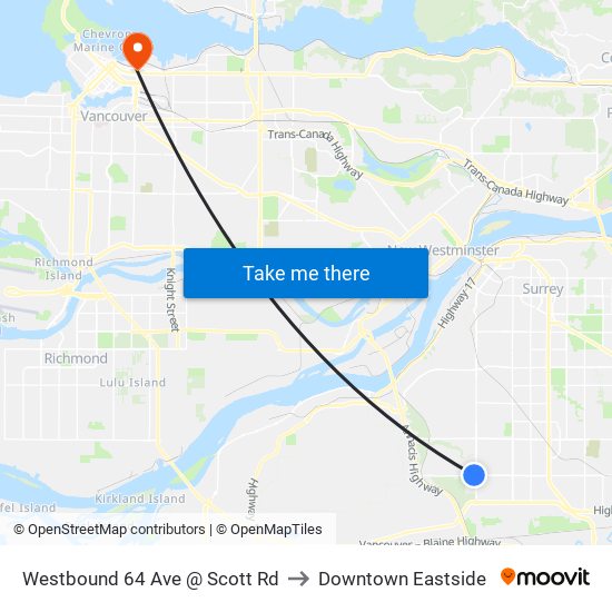 Westbound 64 Ave @ Scott Rd to Downtown Eastside map