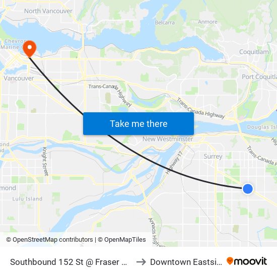 Southbound 152 St @ Fraser Hwy to Downtown Eastside map