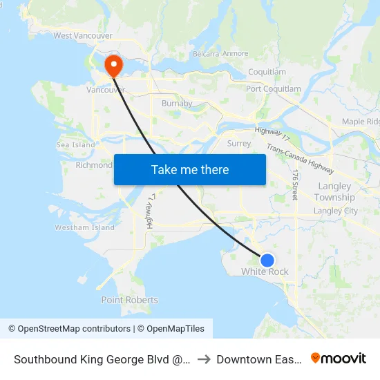 Southbound King George Blvd @ 24 Ave to Downtown Eastside map
